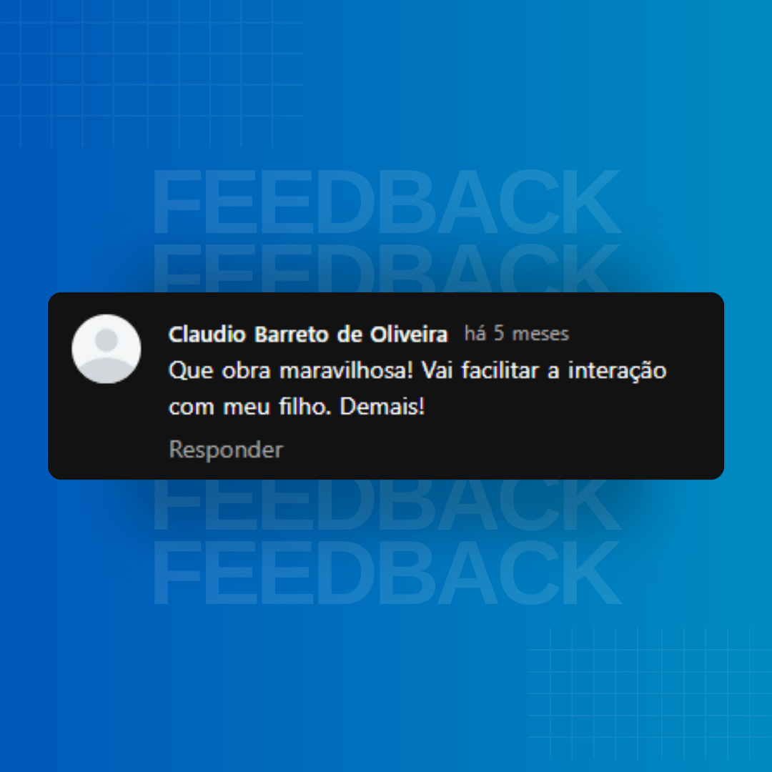 Imagem com fundo azul, escrito feedback, onde literalmente está apresentando avaliação de um cliente, em uma tarja preta.