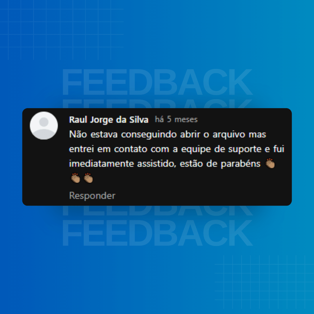 Imagem com fundo azul, escrito feedback, onde literalmente está apresentando avaliação de um cliente, em uma tarja preta.