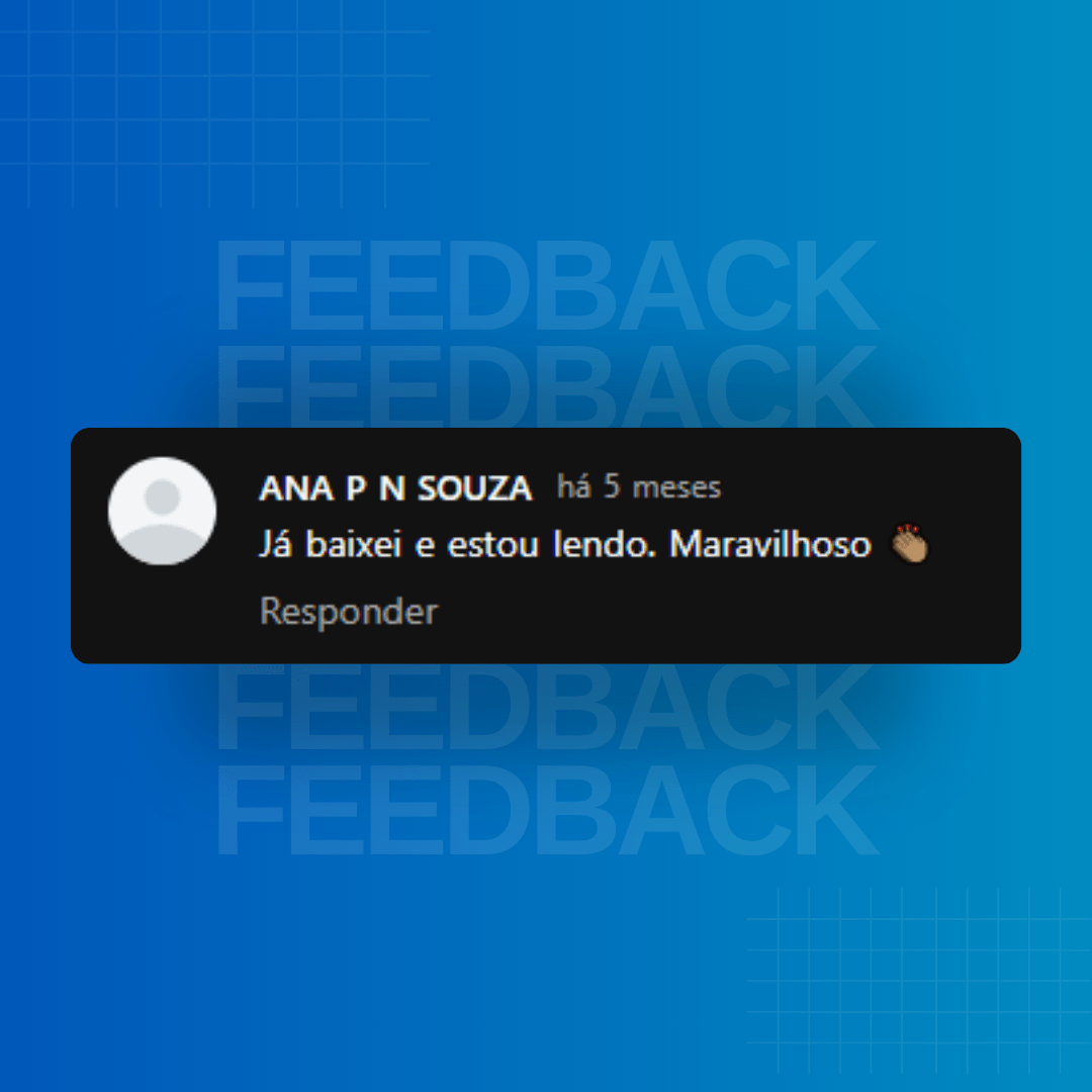 Imagem com fundo azul, escrito feedback, onde literalmente está apresentando avaliação de um cliente, em uma tarja preta.