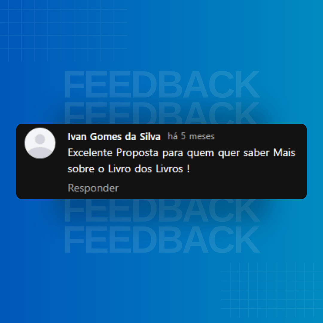 Imagem com fundo azul, escrito feedback, onde literalmente está apresentando avaliação de um cliente, em uma tarja preta.