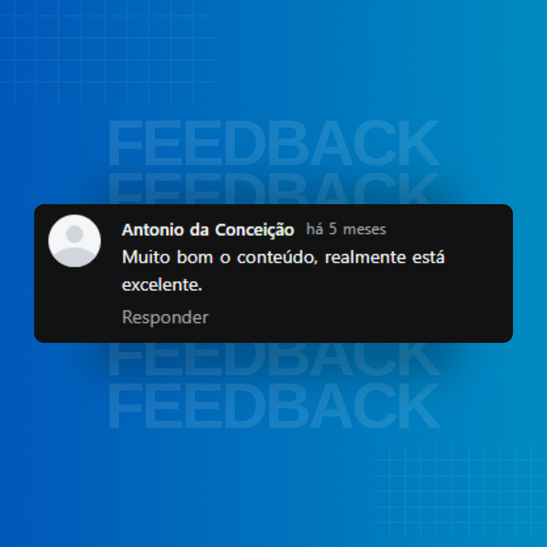 Imagem com fundo azul, escrito feedback, onde literalmente está apresentando avaliação de um cliente, em uma tarja preta.