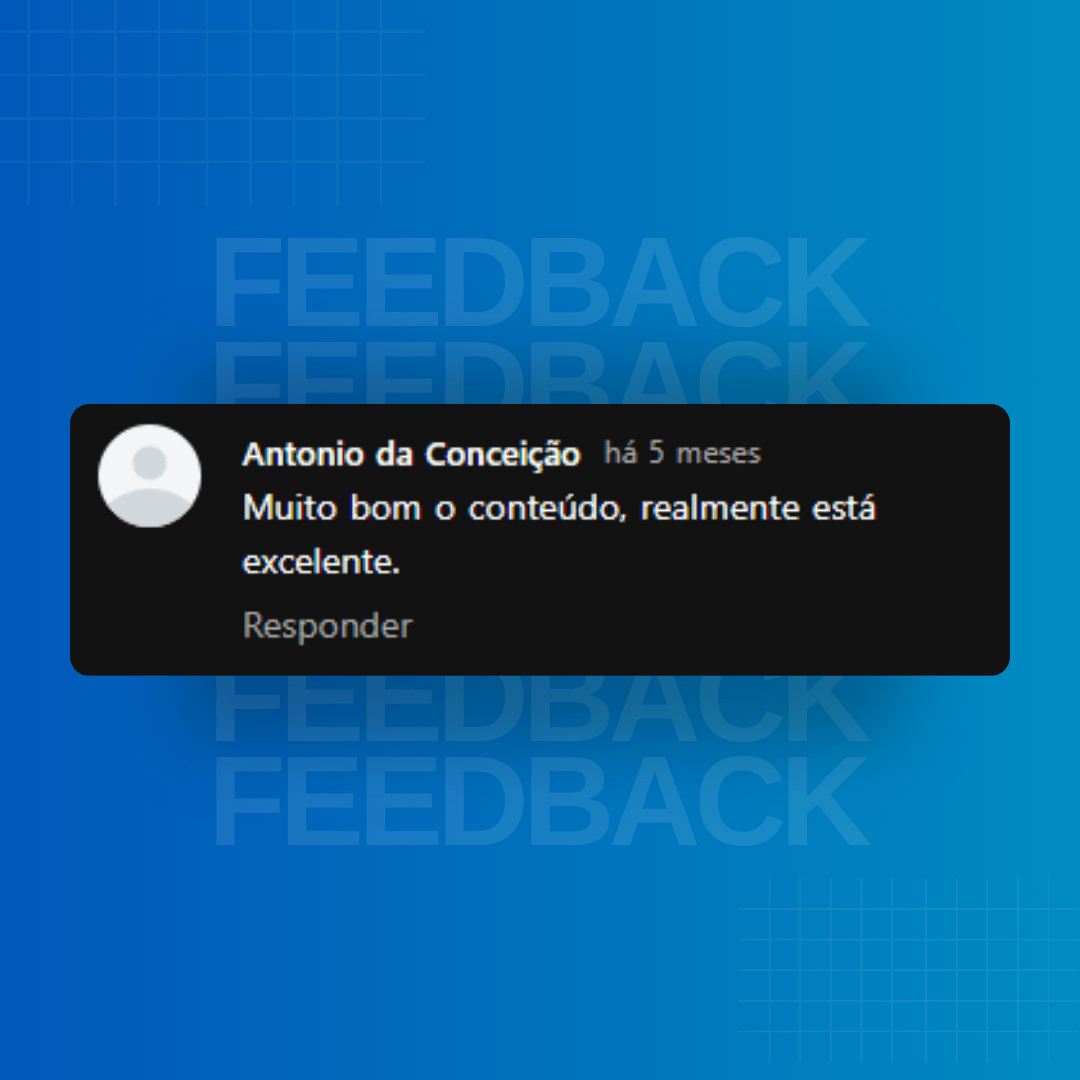 Imagem com fundo azul, escrito feedback, onde literalmente está apresentando avaliação de um cliente, em uma tarja preta.