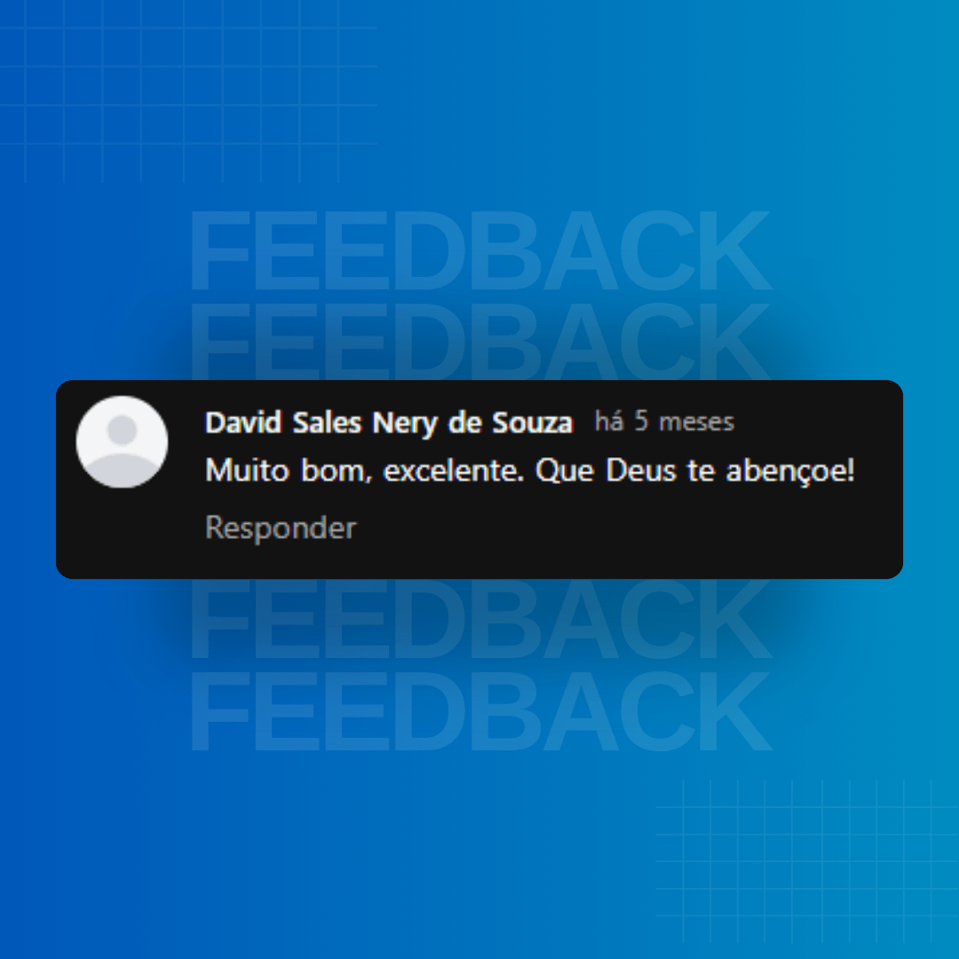 Imagem com fundo azul, escrito feedback, onde literalmente está apresentando avaliação de um cliente, em uma tarja preta.