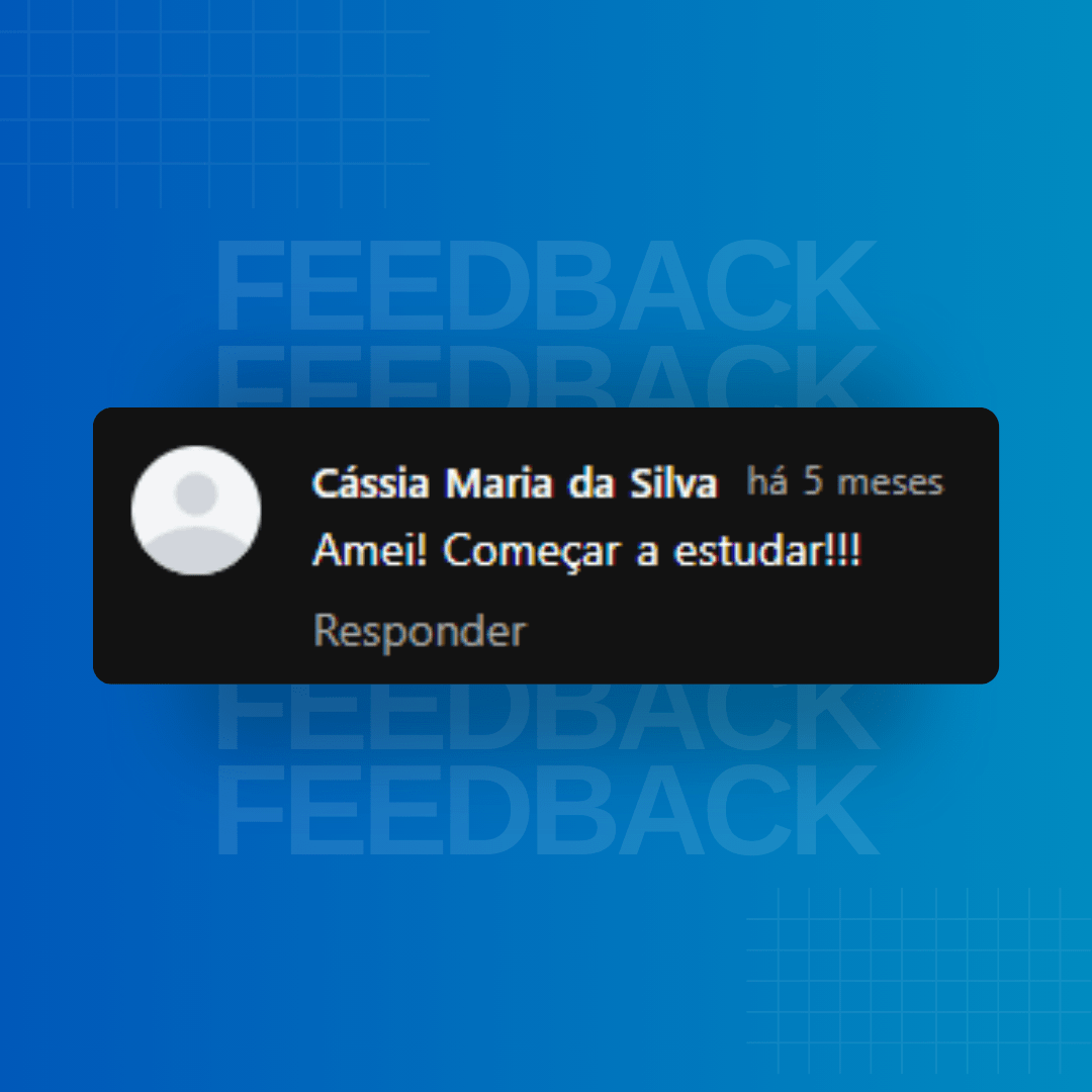 Imagem com fundo azul, escrito feedback, onde literalmente está apresentando avaliação de um cliente, em uma tarja preta.